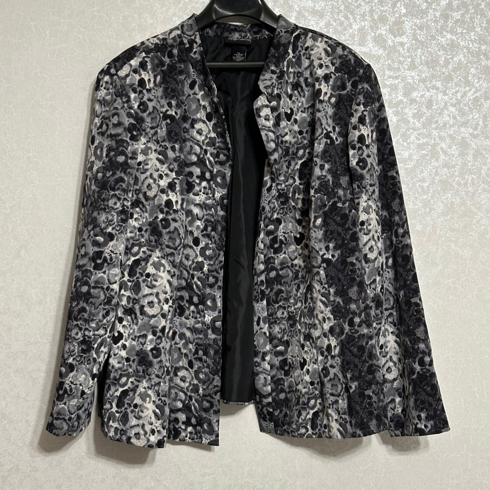 Maggie Barnes Abstract Leopard Print Open Front Blazer Jacket Black White 2X